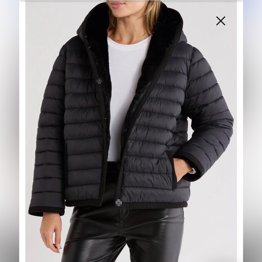 Reversible Faux Fur Hooded Puffer Jacket REBECCA MINKOFF - Picture 3 of 17